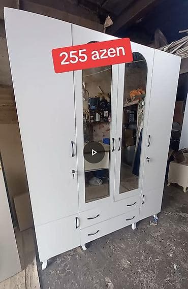 4 qapılı, Güzgülü, Ağ, Açılan, Düz dolab
