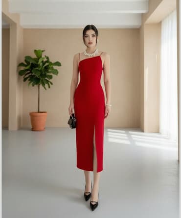 zerli don: Qırmızı midi don - Rəng: parlaq qırmızı - Kəsim: bədənə oturan, düz — 1