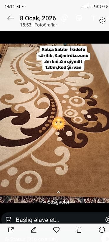 sifer rengleri: Xalça – “Şirvan” kodlu, qaşmir toxunuşlu - Ölçü: uzunluq 3 m, en 2 m — 2