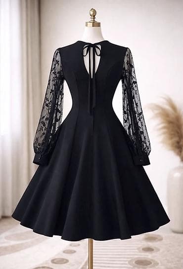 hicab geyimleri 2018: Qara A-kəsimli don – şifon naxışlı transparan qol detalı - Rəng — 2