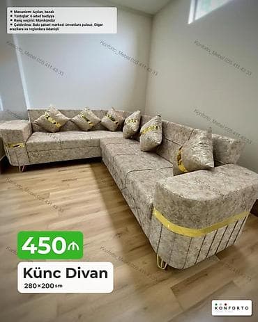 Künc Divan – 280×200 sm - Mexanizm: açılan, bazalı (yataq funksiyası