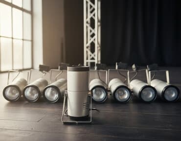 Birdən çox silindrik formalı işıq proyektorları. Onlar gümüşü