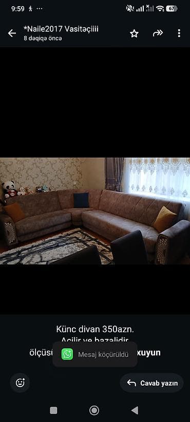 Künc divan 350azn. Acilir ve bazalidir, ölçüsü 180*250. 3 yastigi