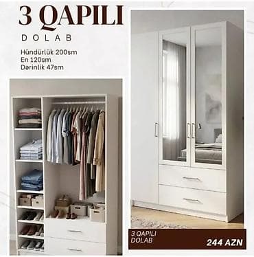 3 qapılı dolab Ölçülər: - Hündürlük: 200 sm - En: 120 sm - Dərinlik — 1