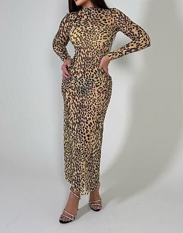 Leopard naxışlı qadın paltarı - Uzun, bədənə oturan siluet - Uzunqol