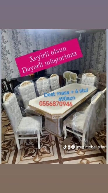 oturacağı: Qonaq otağı üçün, Yeni, Açılmayan, Dördbucaq masa, 6 stul — 2