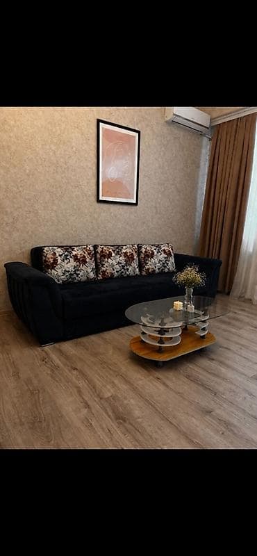 Qonaq otağı üçün zövqlü və funksional divan. Tünd rəngli yumşaq üzlük