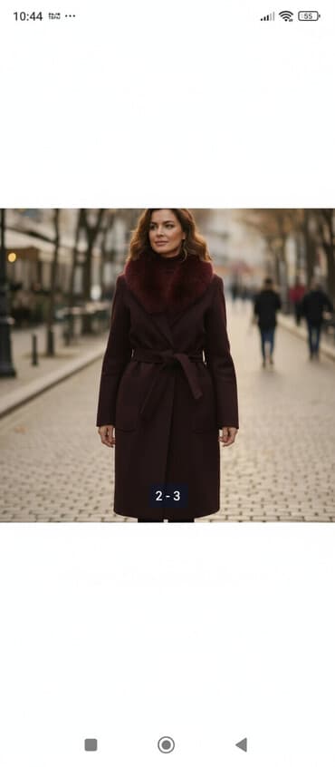 Qadın palto – bordo rəng - Uzun model, klassik düz kəsim - Kəmərli –