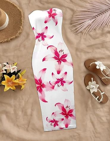 don: Ağ əsaslı, çiyin və qolsuz strapless bodycon midi don. Üzərində iri — 1