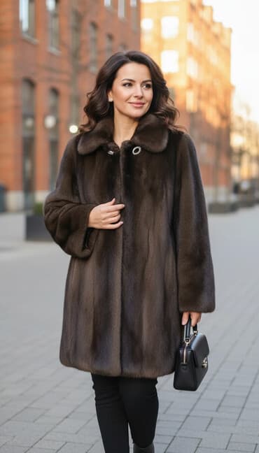 женские шубы с воротником: Qadın üçün uzun kürk palto - Rəng: tünd qəhvəyi - Model: düz kəsim — 1