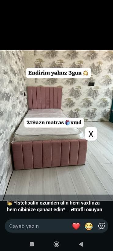 Ev üçün mebel: Tək nəfərlik yumşaq başlıqlı çarpayı və matras dəsti. - Rəng: toz — 1