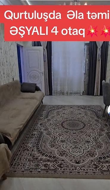 gunluk kiraye ev: Qurtuluşda tam əşyalı 4 otaqlı mənzil - Plan: ayrı mətbəx, geniş — 4