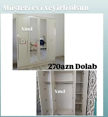Yeni, 4 qapılı, Güzgülü, Bej, Açılan, Düz dolab