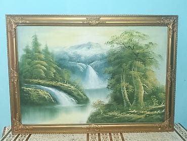 Yağlı boya təbiət mənzərəsi tablo - Mövzu: Şəlaləli dağ və meşə