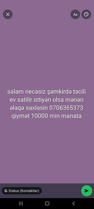 Qarajlar: Şəmkir bölgəsində satlıq ev. Mətnə əsasən: “Şəmkirdə təcili ev — 1