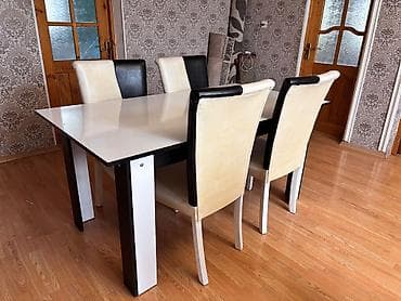 restoran stolu: 6 nəfərlik yemək masası və stul dəsti - Dəst: 1 masa + 4 stul - Stil — 1
