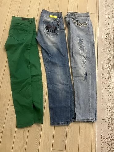 hamilə şalvarları: Qadın şalvar/cins dəsti – 3 ədəd - Yaşıl rəngli klassik kəsimli — 1