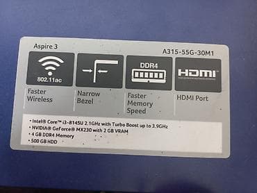 9 reqemi: Acer Aspire 3 noutbuk dəsti Model: Acer Aspire 3 A315-55G-30M1 (mavi — 3