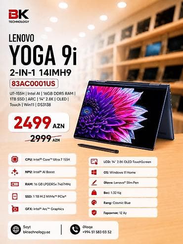 macbook pro m4 pro: Yeni Lenovo Yoga, 14 ", Intel Core i7, 1 TB, Rayonlara çatdırılma, Pulsuz çatdırılma, Ödənişli çatdırılma — 1
