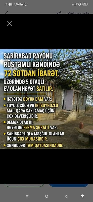 Satılır: Sabirabad rayonu, Rüstəmli kəndi - Ümumi sahə: 72 sot -