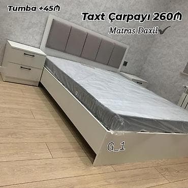 taxt tumba: Taxt çarpayı – modern dizayn, yumşaq başlıqla. Rəng: ağ-gri — 1