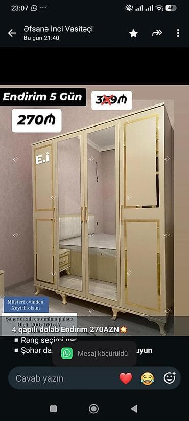 *4 qapılı dolab Endirim 270AZN💥* ▫️Rəng seçimi var ▫️Şəhər daxili lalafo.az -da *4 qapılı dolab Endirim 270AZN💥* ▫️Rəng seçimi var ▫️Şəhər daxili