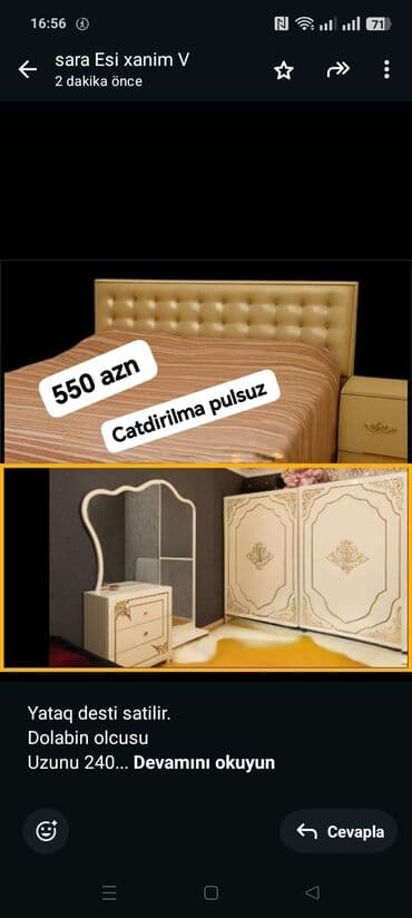 Tavalar: Yataq desti satilir. Dolabin olcusu Uzunu 240 Hundurluk 215 Derinlik — 1