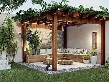 ev tipi çadır: Açıq havada istirahət üçün taxta pergola - Material: qalın massiv — 2