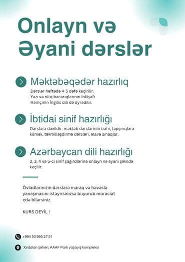 Məktəbəqədər və ibtidai sinif hazırlığı: Məktəbəqədər və ibtidai sinif hazırlığı, Azərbaycan dili, Onlayn, Fərdi, Əyani