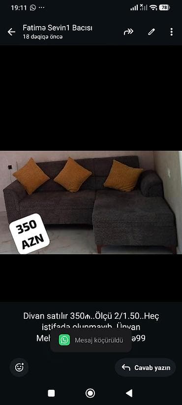 divan olcusu: Divan satılır 350₼. Ölçü 2/1.50. Heç istifadə olunmayıb. Ünvan — 1