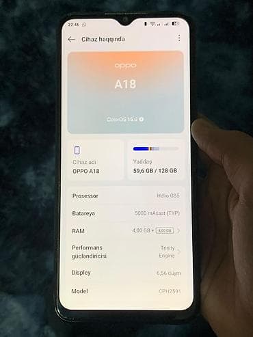 zula: Oppo A18, 128 GB, rəng - Qara, Barmaq izi — 3