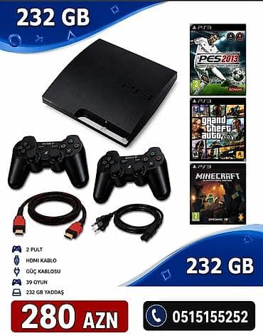 playst: PS3 oyun konsolu paketi – 232 GB yaddaş Komplekt: - PlayStation 3 — 1