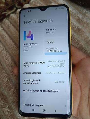 redmi note 12 pro plus 8256: Poco M3, 128 GB, rəng - Sarı, Barmaq izi — 3