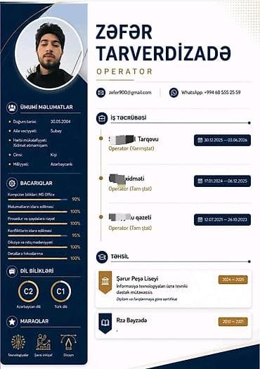 Çağrı mərkəzi operatoru, Kişi, 23 yaş, 3-5 illik təcrübə