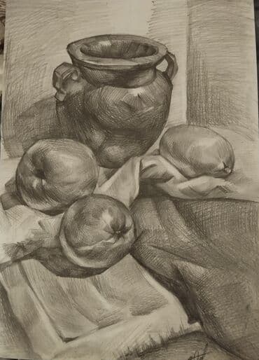 Qrafitlə kağız üzərində natürmort rəsmi - Texnika: qələmlə (qrafit)
