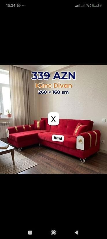 Künc Divan – 260 × 160 sm - Rəng: parlaq qırmızı - Forması: L-şəkilli