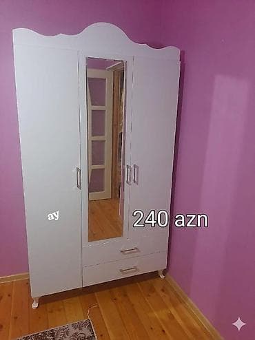 3 qapılı, Güzgülü, Ağ, Taxta, Açılan, Düz dolab