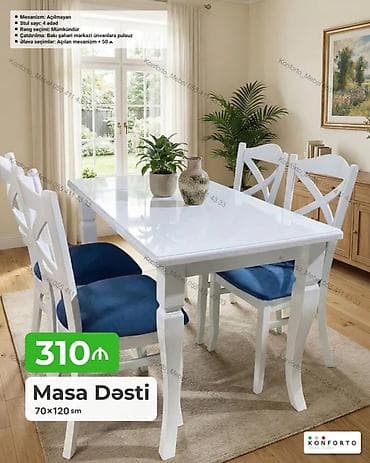 kohnə stul: Masa dəsti – 70×120 sm - Masa: parlaq ağ səthli, klassik dizaynlı — 1