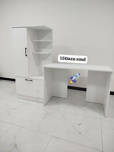 Ağ rəngdə çoxfunksiyalı iş/oxu masası və rəf-dolab modulu