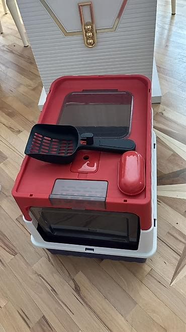 cat: Bağlı pişik tualeti və qum qabı - Rəng: qırmızı–ağ–tünd göy — 3