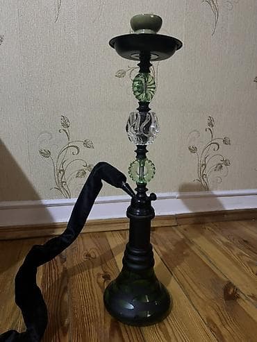 sulu qelyan satisi: Nargilə dəsti – şüşə gövdəli, metal şaxtalı, yaşıl-qara dizayn — 3