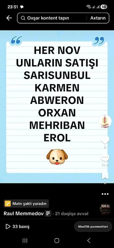 sumuk unu: Məhsul: Un çeşidləri Təsvir: - Hər növ unların satışı. - Brendlər — 1
