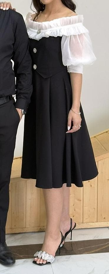 xonca bezekleri: Qara-ağ zərif midi don (1defe geyinilib) - Dizayn: Off-shoulder (açıq — 3