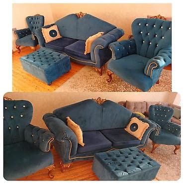 divan: Dest – 180₼ Klassik üslubda mavi məxmər yumşaq mebel dəsti: - — 1