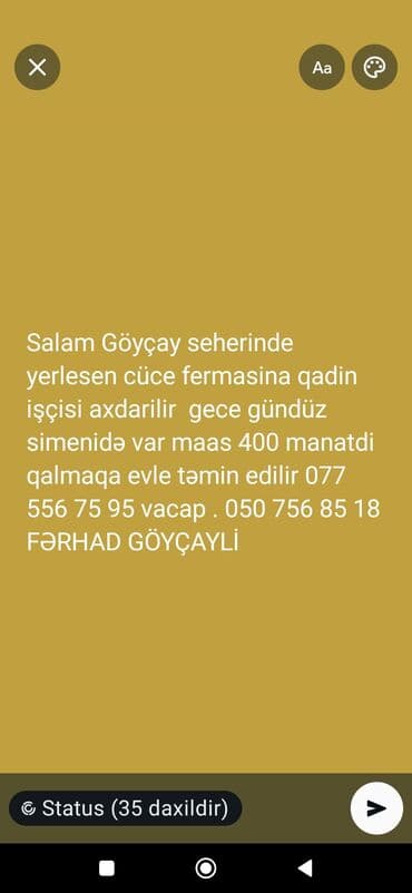 Xadimə tələb olunur, İstənilən yaş, Təcrübəsiz, Gecə növbəsində iş, Aylıq ödəniş