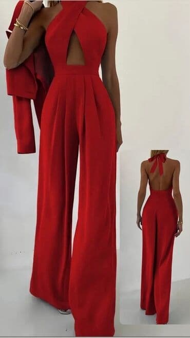 Qırmızı rəngli elegant kombinezon - Model: geniş balaqlı, yüksək