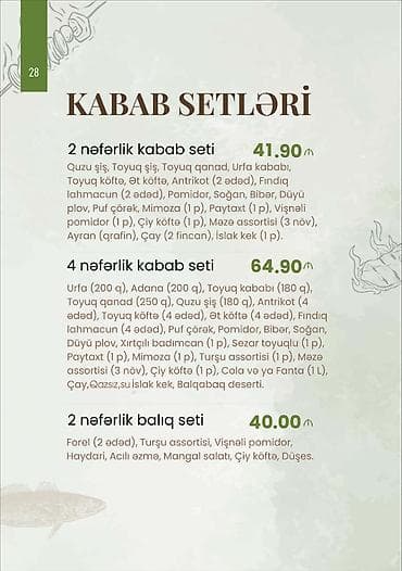 casio sumqayit: Kabab setləri – menyu 2 nəfərlik kabab seti – 41.90 - Quzu şiş, Toyuq — 1