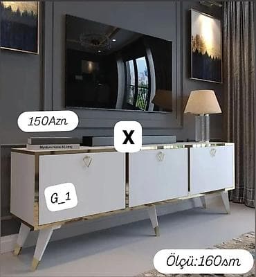 perla tv stend: Qonaq otağı üçün müasir dizaynlı TV altlığı / konsol. Ağ rəngli — 1
