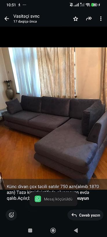 mebel alan: Künc divan çox təcili satılır 750 azn(alınıb 1870 azn) Təzə — 1