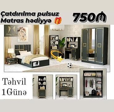 Mələk Mebel yataq otağı dəsti – qızılı detallı qara dizayn Komplekt